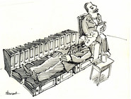 Ein Mann liegt auf einer Bank aus Aktenordnern